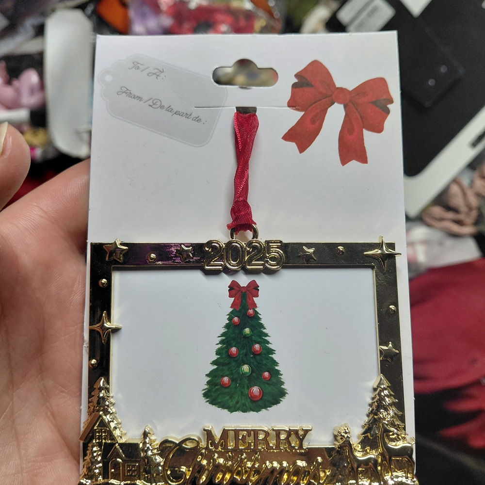 Studio Decor Gold 2025 Merry Christmas Frame Ornament with Red Ribbon